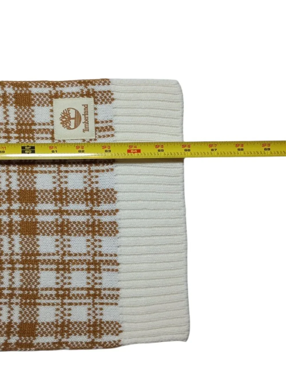Timberland Plaid Scarf Neutral Brown / Cream Knit Soft Ribbed Edge Soft Warm